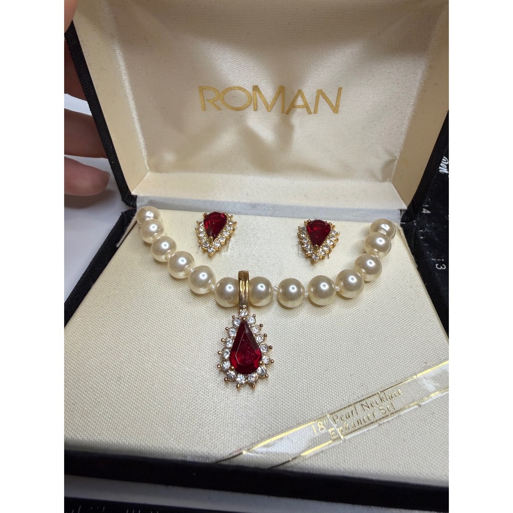 Roman 18in Pearl Necklace Ruby Red Teardrop Enhancer Pendant Earring Set Boxed